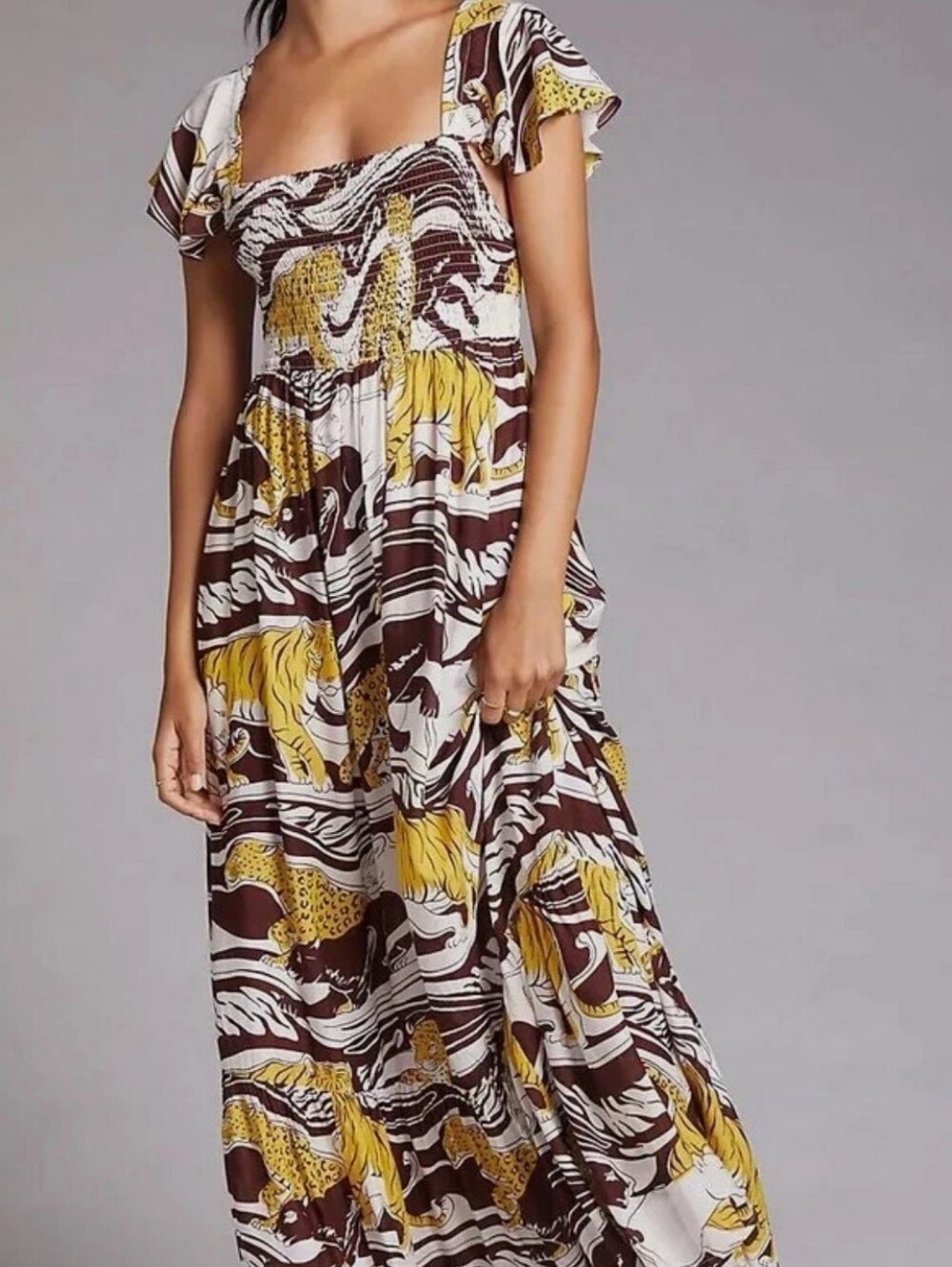Anthropologie Leopard Novality Print Smocked Waist Maxi Dress Sz M - Flaw